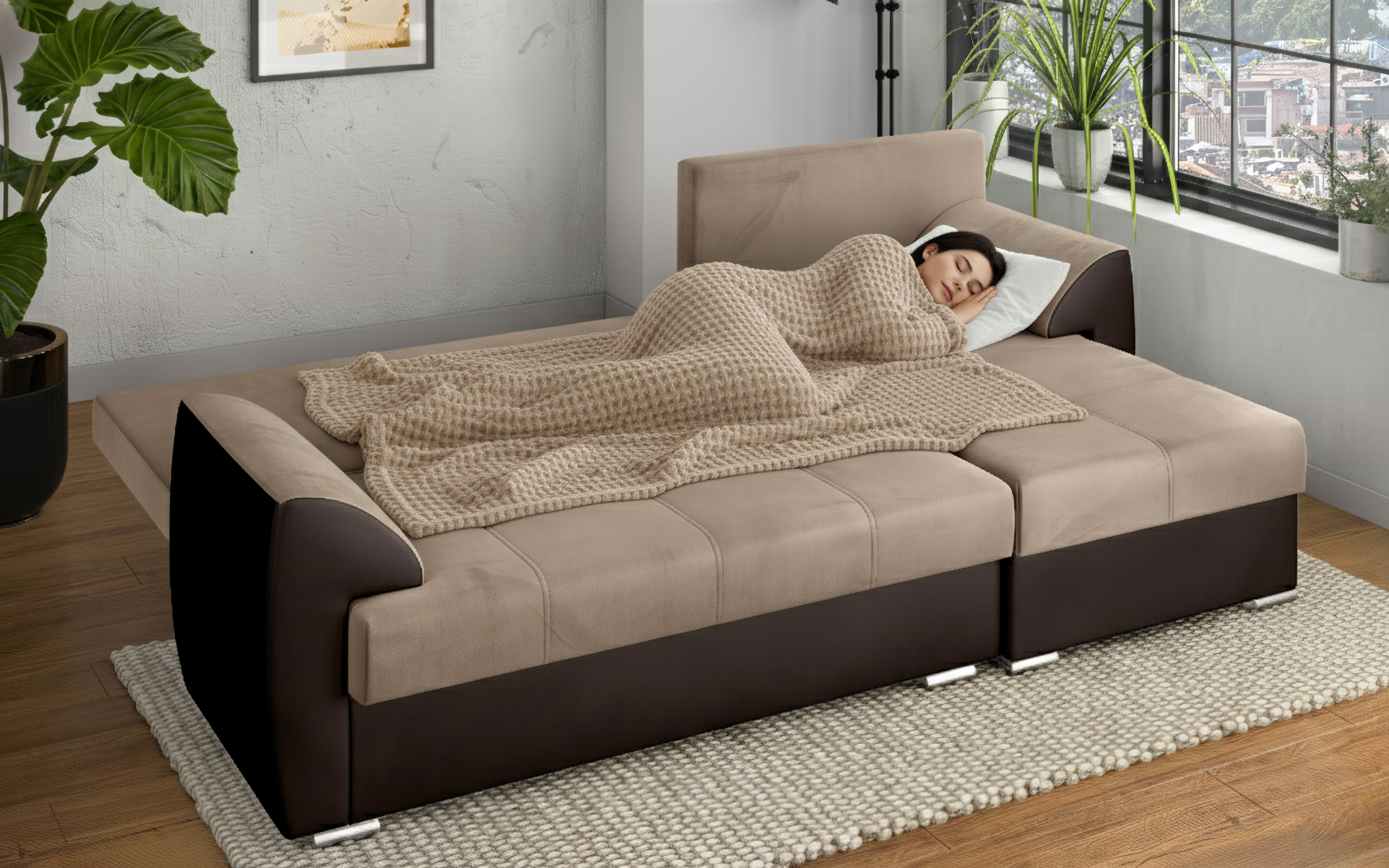 Coltar extensibil Deman, bej + piele maro  5